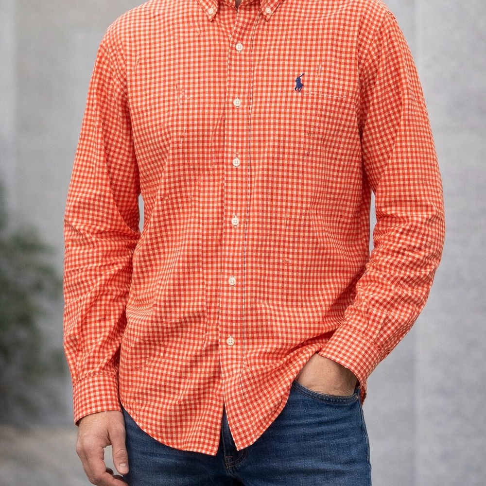 Ralph Lauren Check Button Down Long Sleeve White and Orange  XXL Shirt